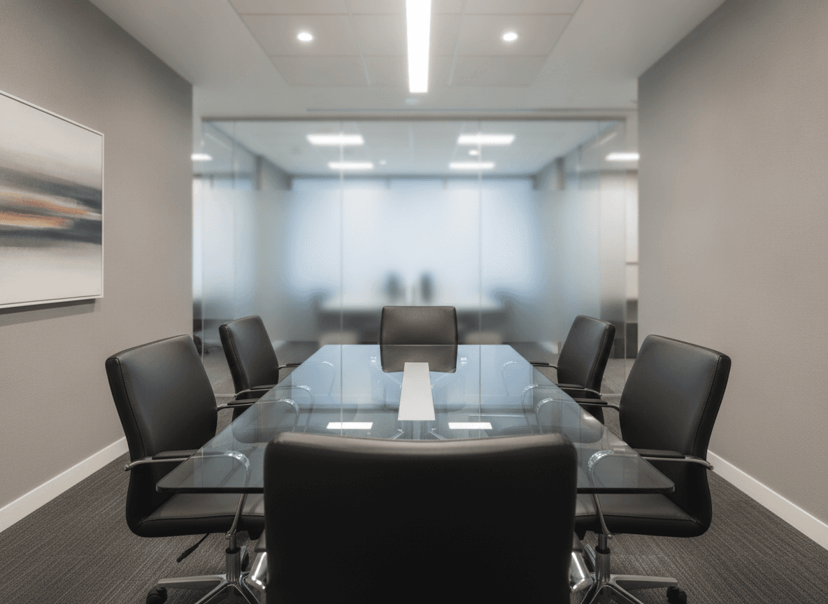 面接室のガラステーブルと黒革チェア - Glass Table and Black Leather Chairs in Office Interview Room