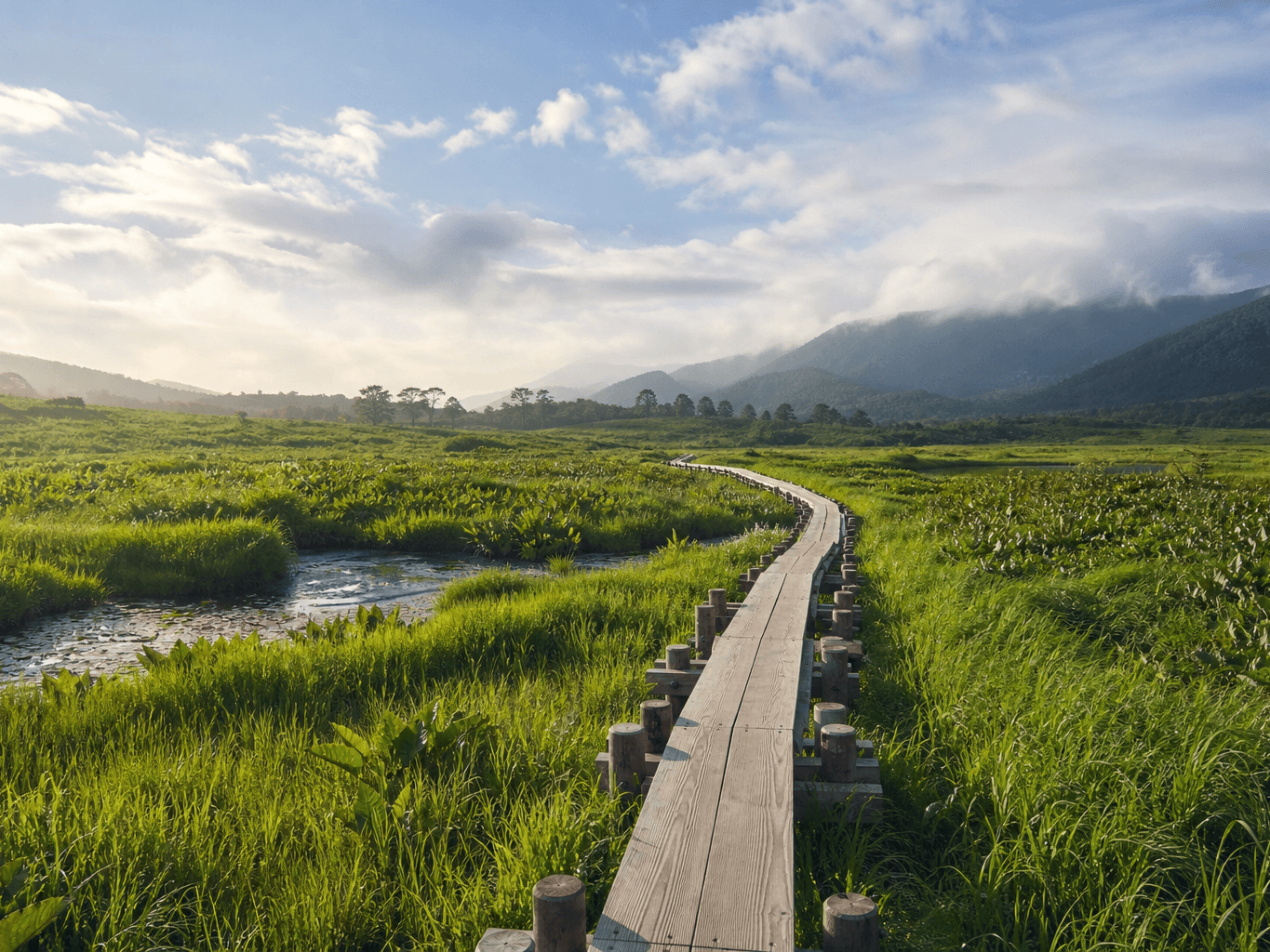 木道が続く高原の湿原 - Wooden boardwalk through a highland wetland