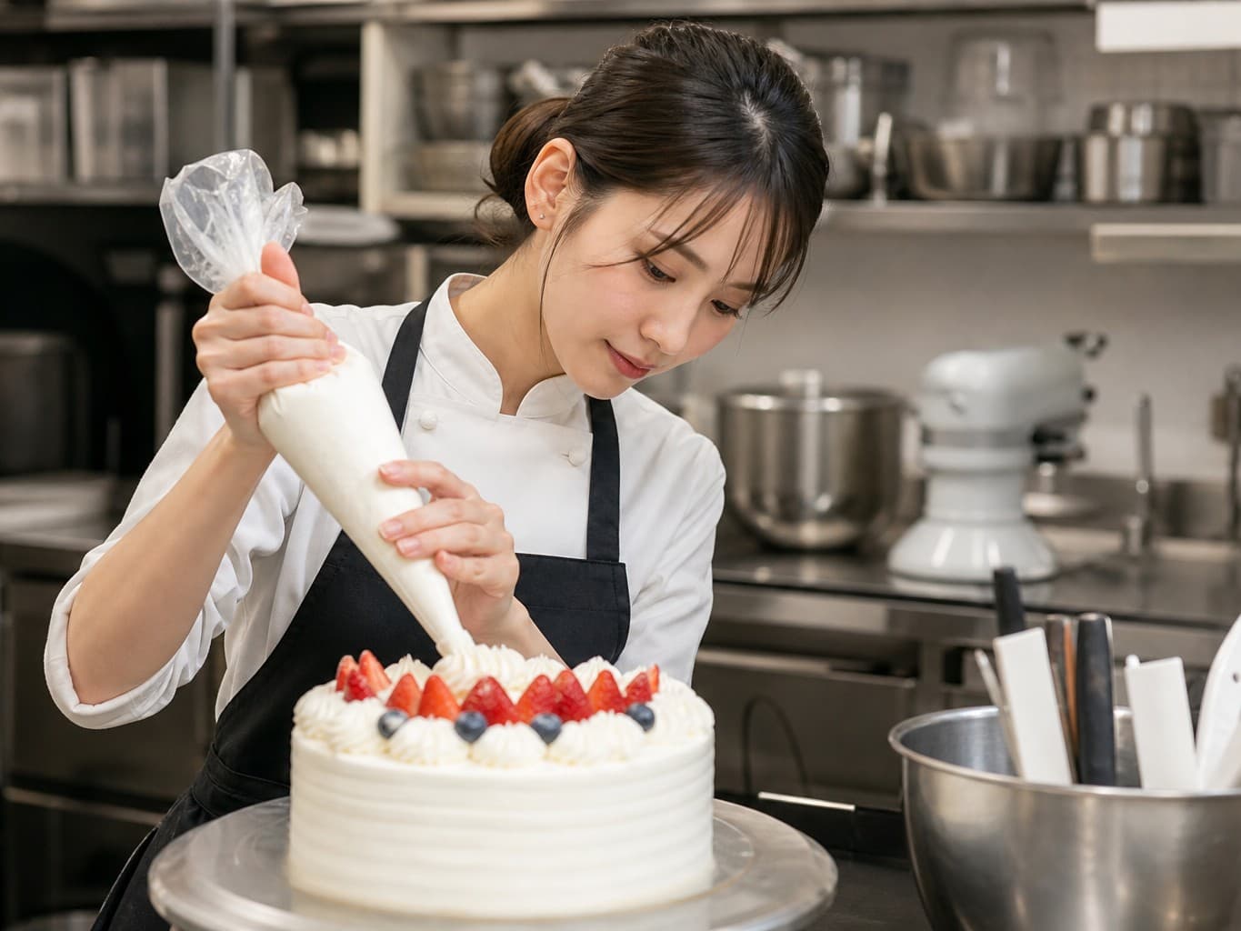 ケーキにクリームを絞るパティシエ - Pastry chef piping cream onto a cake