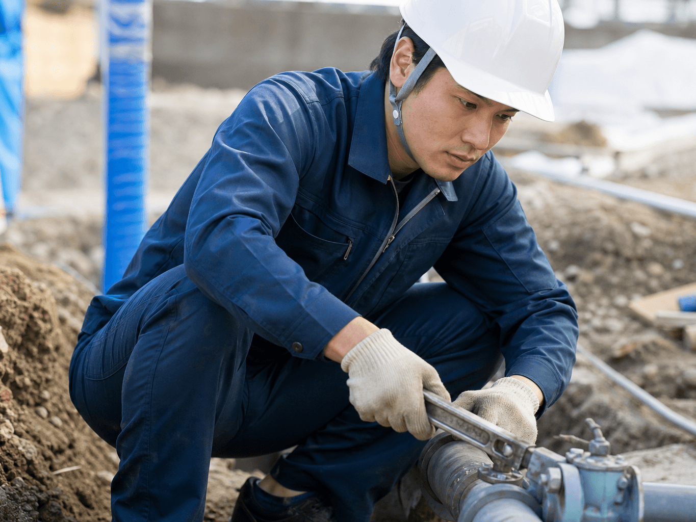 配管を点検する水道工事作業員 - Plumber Inspecting Underground Piping