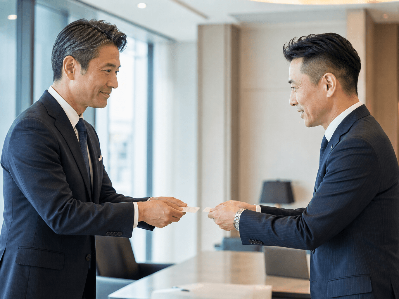 名刺交換を行うビジネスパーソン二人 - Business professionals exchanging business cards