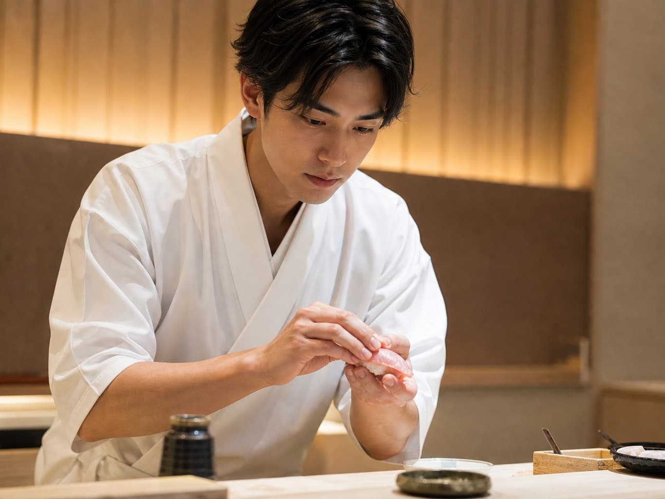 カウンターで寿司を握る寿司職人 - Sushi chef preparing nigiri at the counter