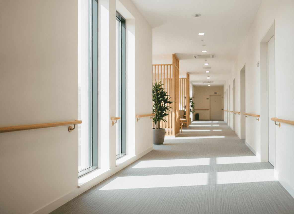 やわらかな光が差し込む高齢者施設の廊下 - Bright barrier-free hallway in a senior care home