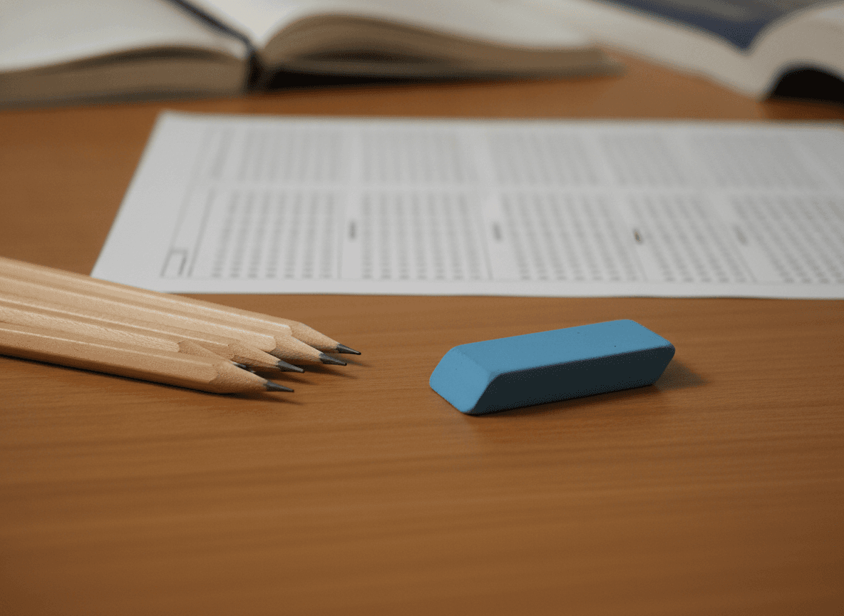 資格試験の勉強机にある鉛筆と青い消しゴム - Pencils and a Blue Eraser on an Exam Study Desk