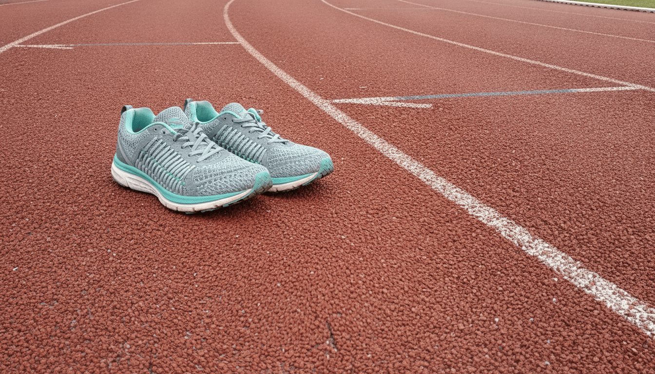 陸上トラックに置かれたランニングシューズ
