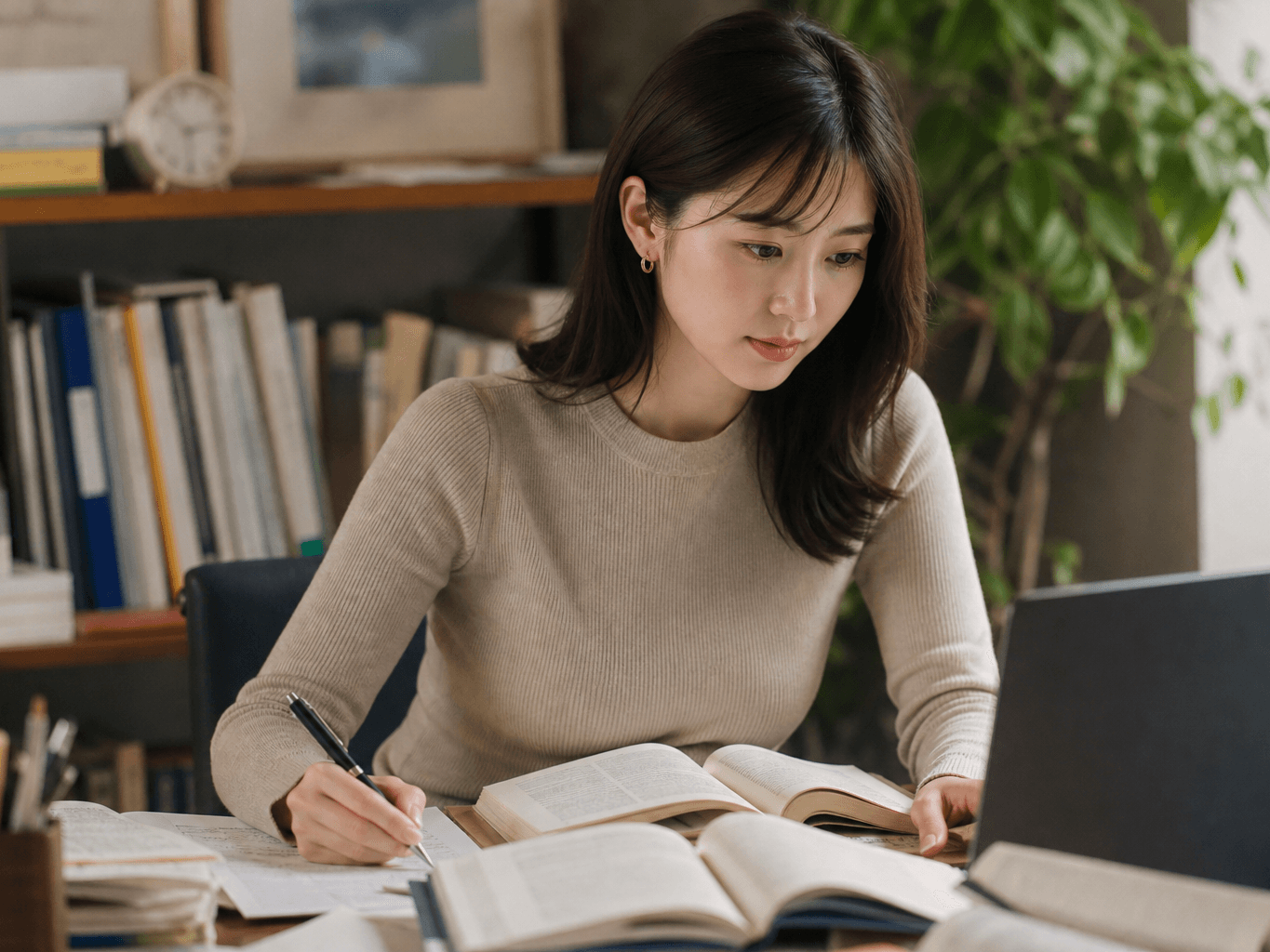 資料を見ながら翻訳する翻訳者 - Translator working on documents with reference books