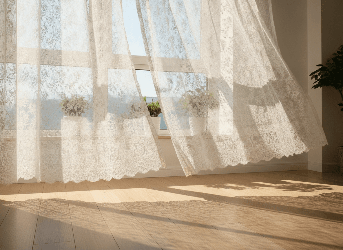 明るいリビングで風に揺れるレースカーテン - White lace curtains swaying in a bright living room