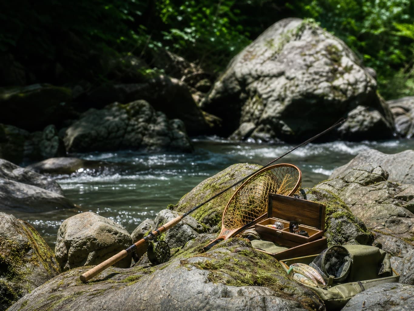 川辺に並ぶ渓流釣りの道具 - Fly fishing rod and gear laid out by a riverbank