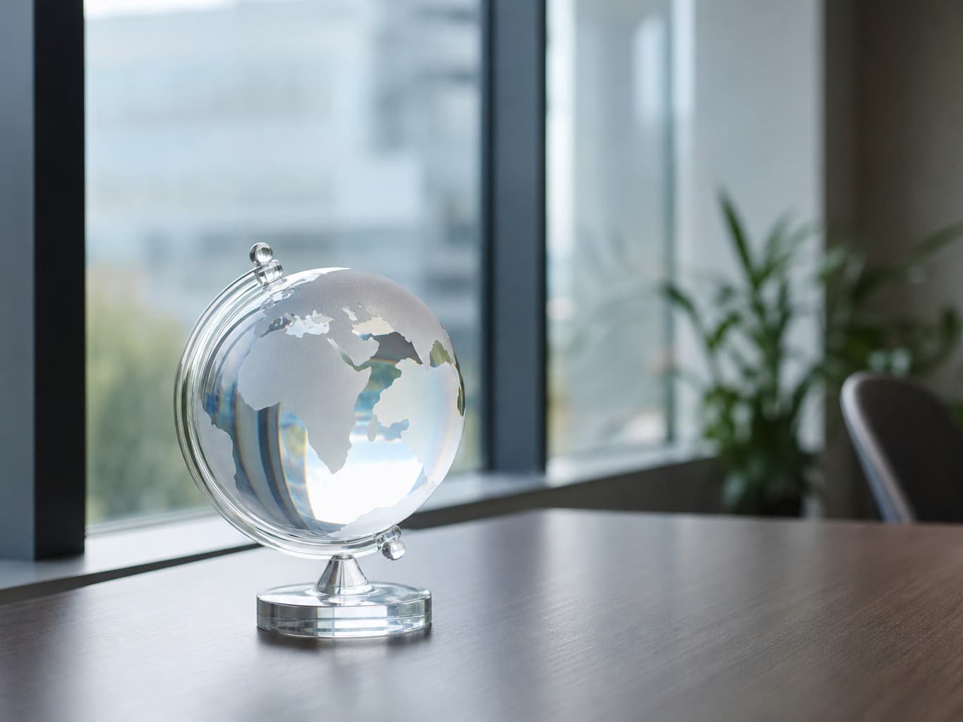 会議室の窓辺に置かれたガラスの地球儀 - Glass globe on a conference room windowsill