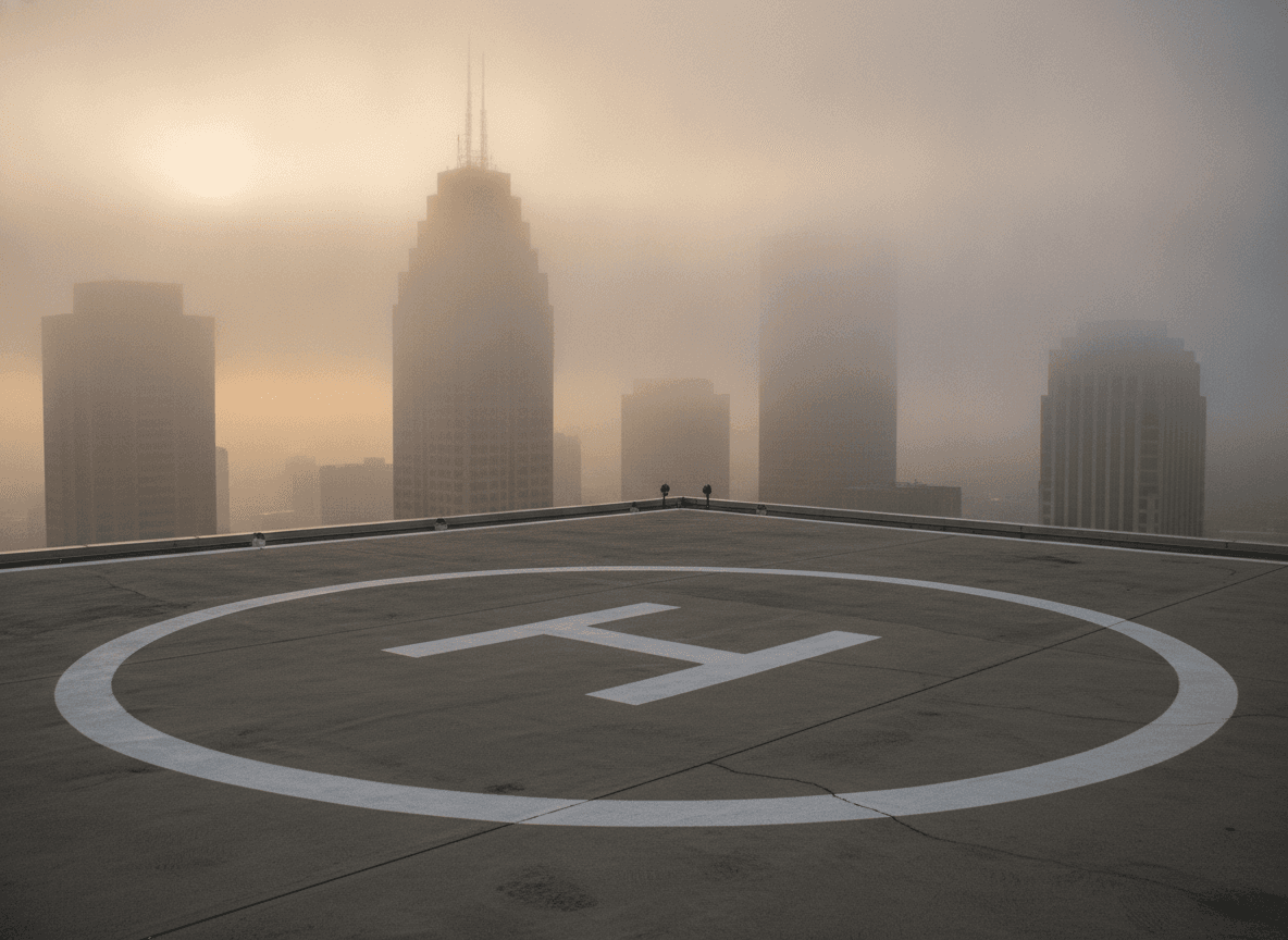 朝もやに包まれた高層ビル屋上のヘリポート - Rooftop Helipad Surrounded by Morning Mist
