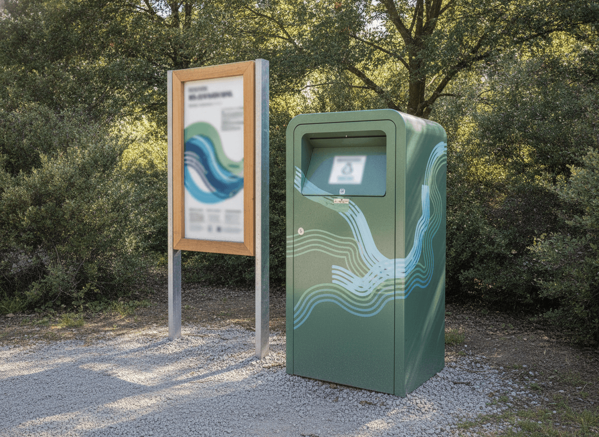 エコステーションに並ぶ古着回収ボックス - Clothing Recycling Drop-off Box and Information Sign
