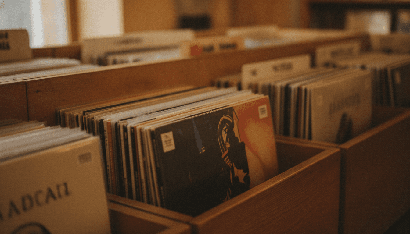 レコード店の棚に並ぶアナログレコード