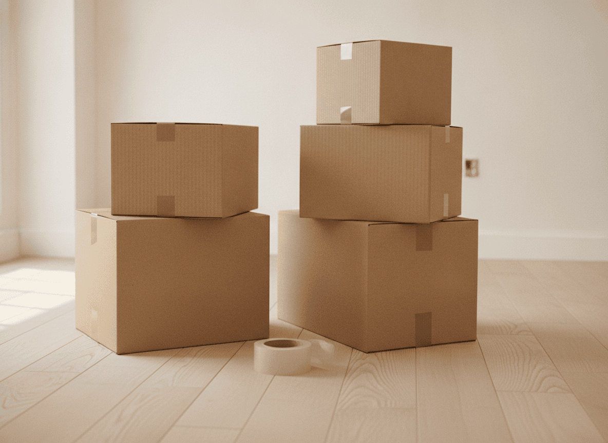 新築フローリングに置かれた引っ越し段ボール - Moving Cardboard Boxes on New Hardwood Floor