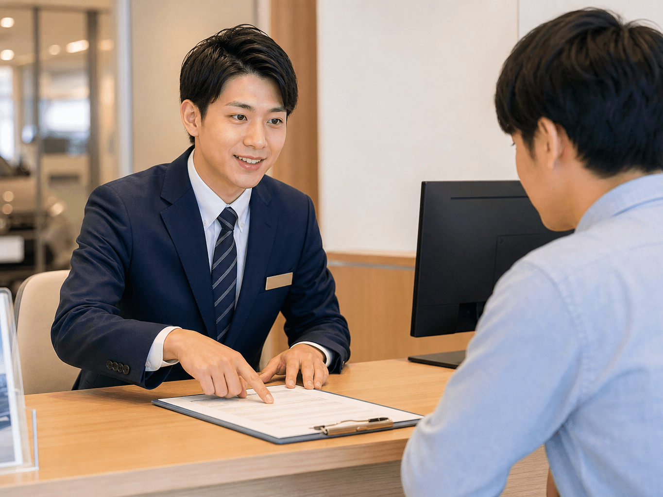 レンタカーの窓口カウンターで契約書類を指し示しながら説明する様子 - Explaining a Rental Car Contract at the Counter