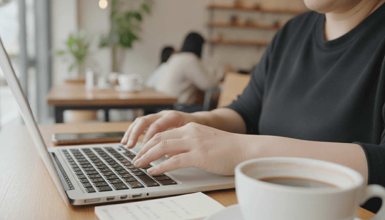カフェでノートPCを開く男性の手元