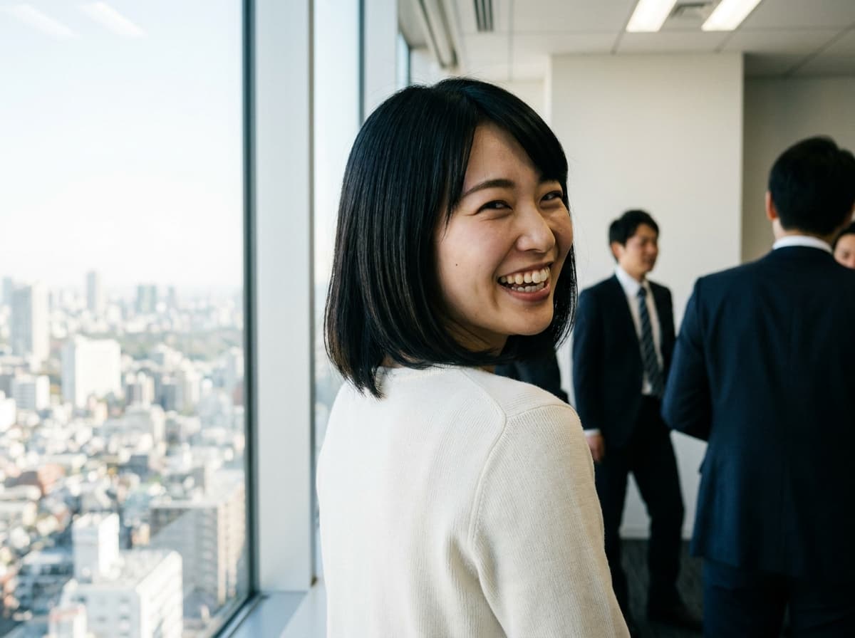 会議室の窓際で振り返り微笑む女性社員