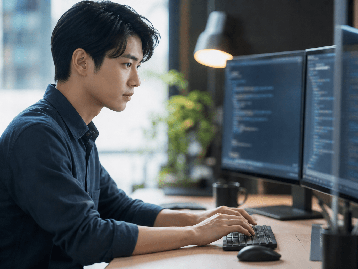 モニター前でコードを入力するプログラマー - Programmer Typing Code in Front of Dual Monitors