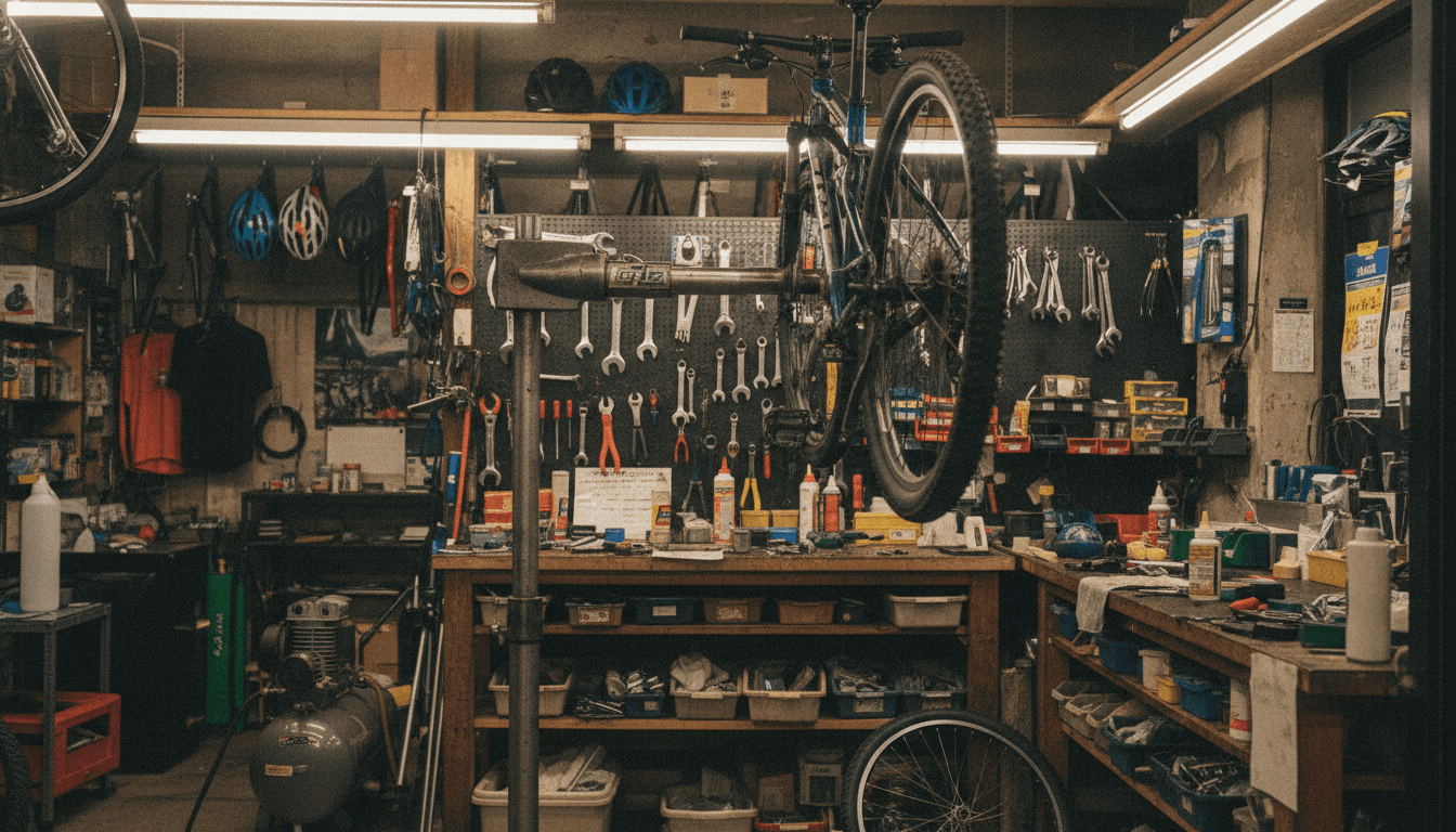 自転車修理店の作業スタンドと工具