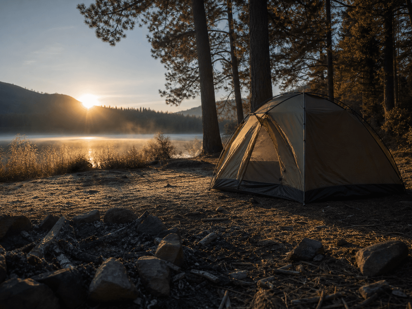 早朝の無人キャンプサイト - Empty campsite with a tent at dawn
