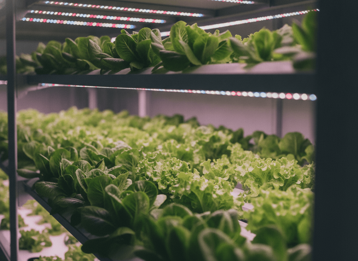 水耕栽培プラントに整然と並ぶレタス - Hydroponic Lettuce Shelves Under LED Lighting