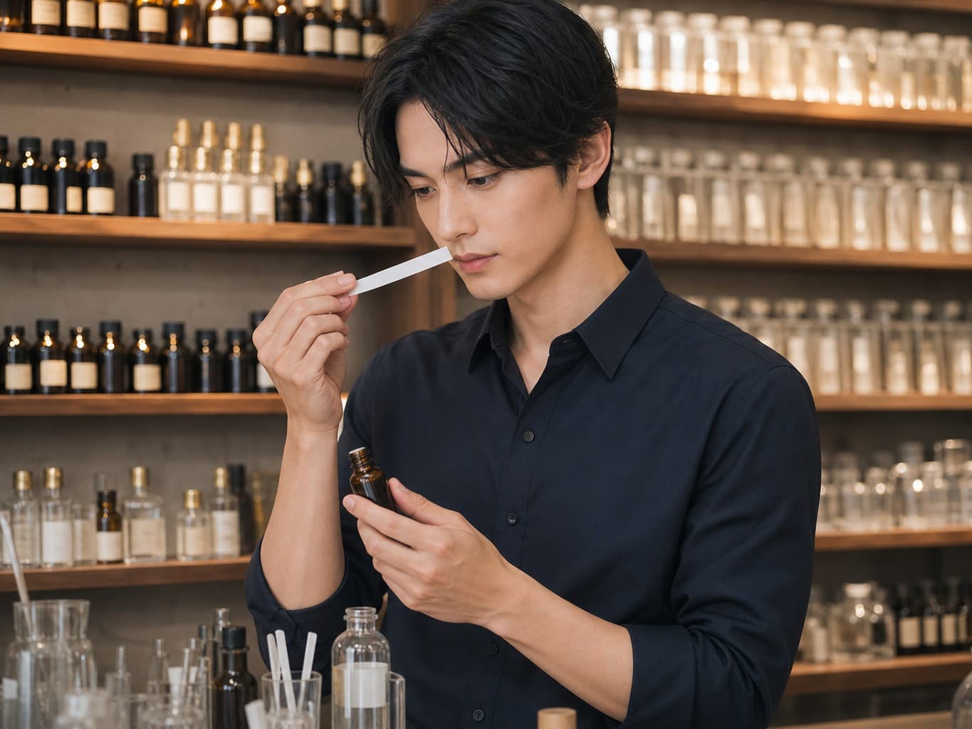 香料の香りを確かめる調香師 - Perfumer smelling a fragrance on a blotter strip