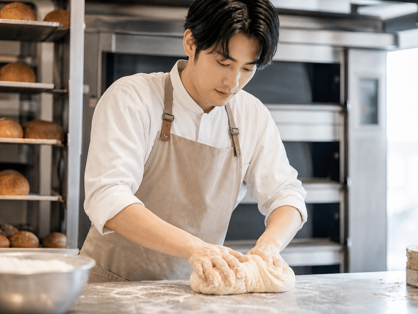 厨房でパン生地をこねるパン職人 - Baker kneading bread dough in a bakery kitchen