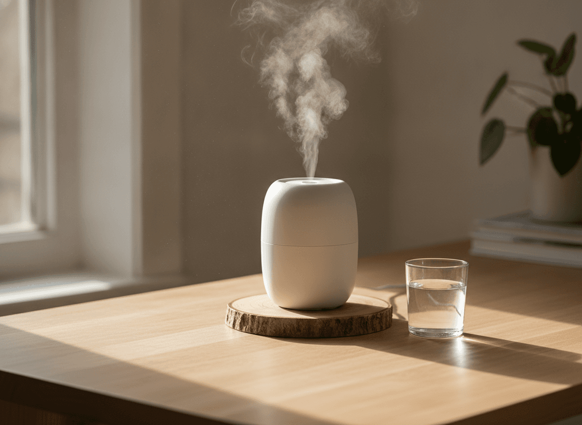 明るい窓際の卓上加湿器と木製コースター - Compact Humidifier and Wooden Coaster by the Window