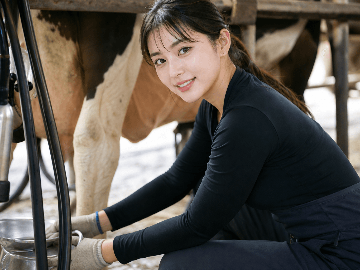 牛の世話をする酪農家 - Dairy farmer tending to cows in a barn