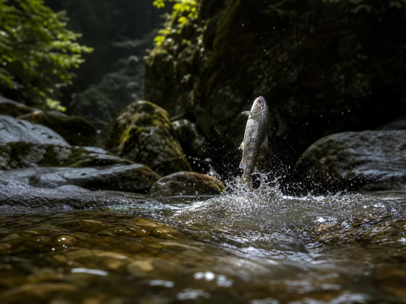 渓流で跳ねるヤマメ - A trout leaping from a mountain stream