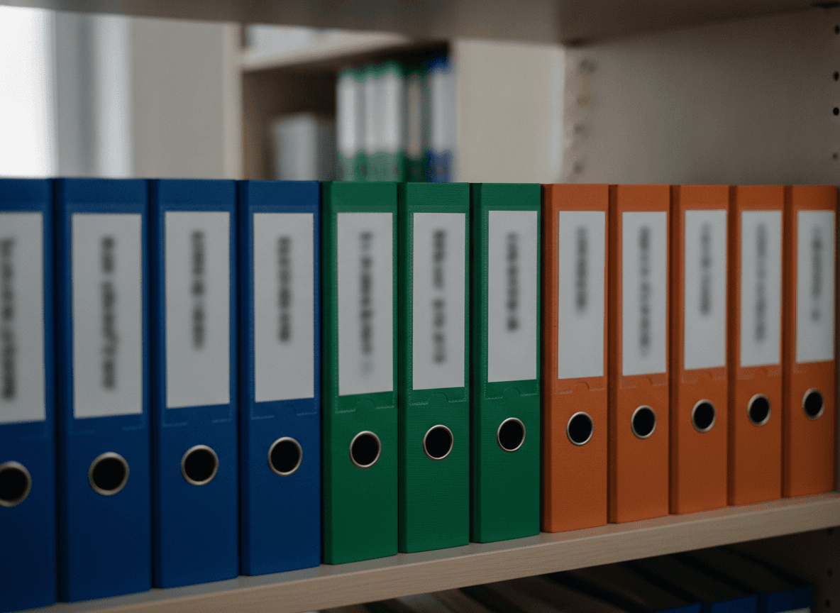棚に綺麗に整理された色分け書類バインダー - Color-coded document binders on office cabinet shelf