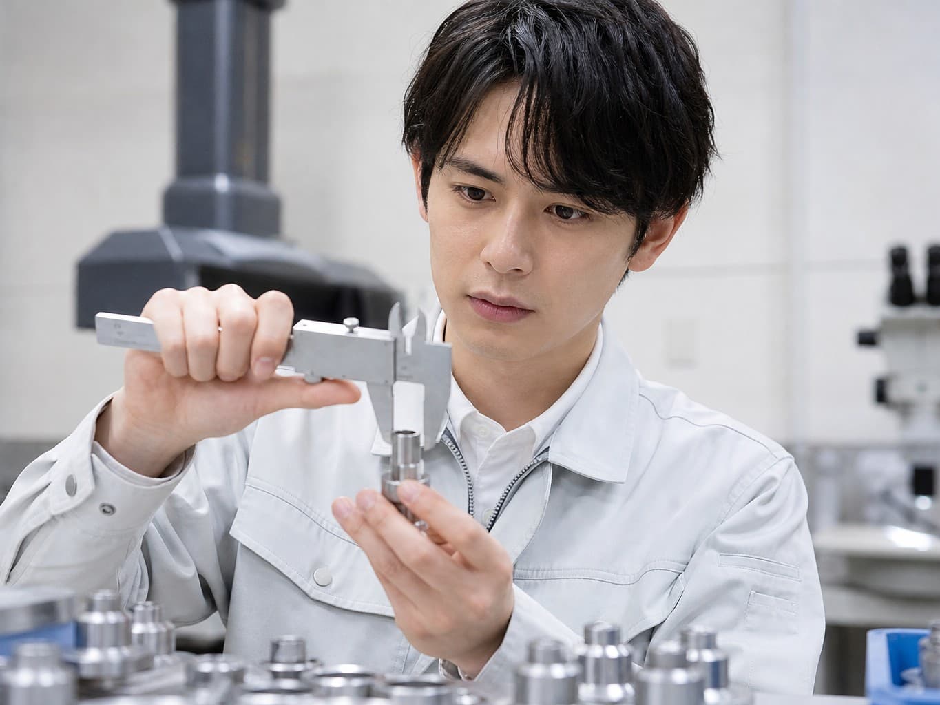 製品の寸法をノギスで測る品質管理担当 - Quality control staff measuring a part with calipers