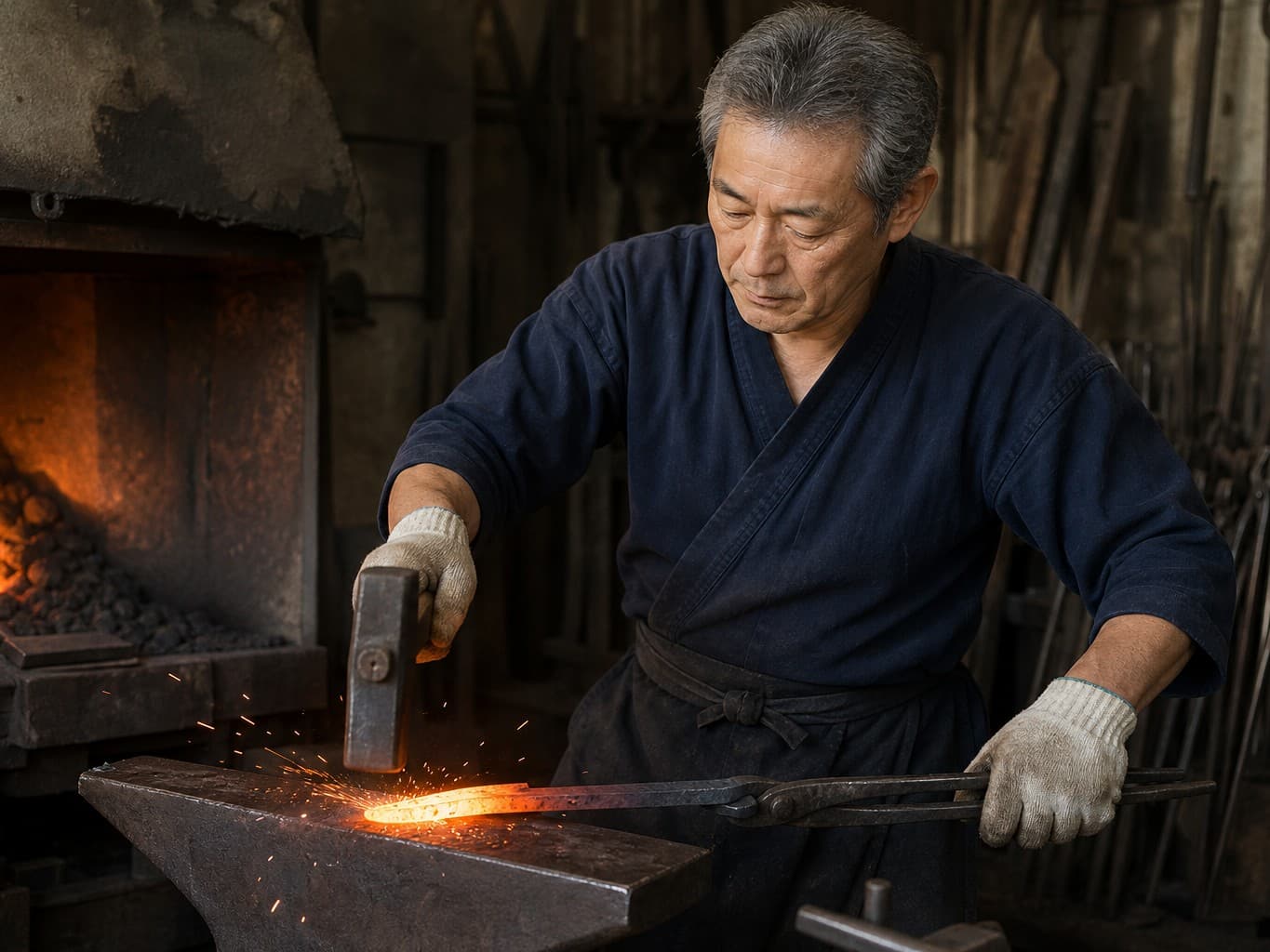 赤く熱した鉄を打つ鍛冶職人 - Blacksmith hammering red-hot iron on an anvil