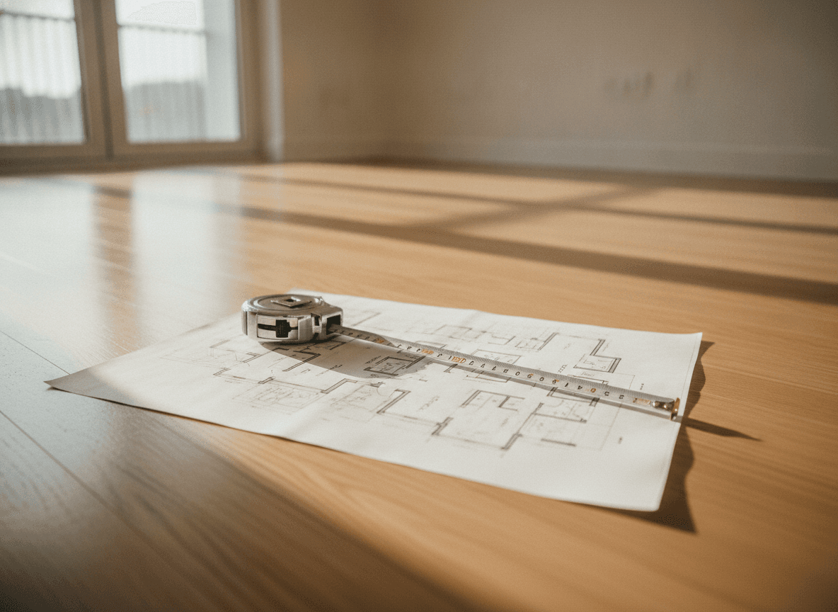 新築リビングの間取り図とメジャー - Floor Plan and Tape Measure in a New Apartment Living Room