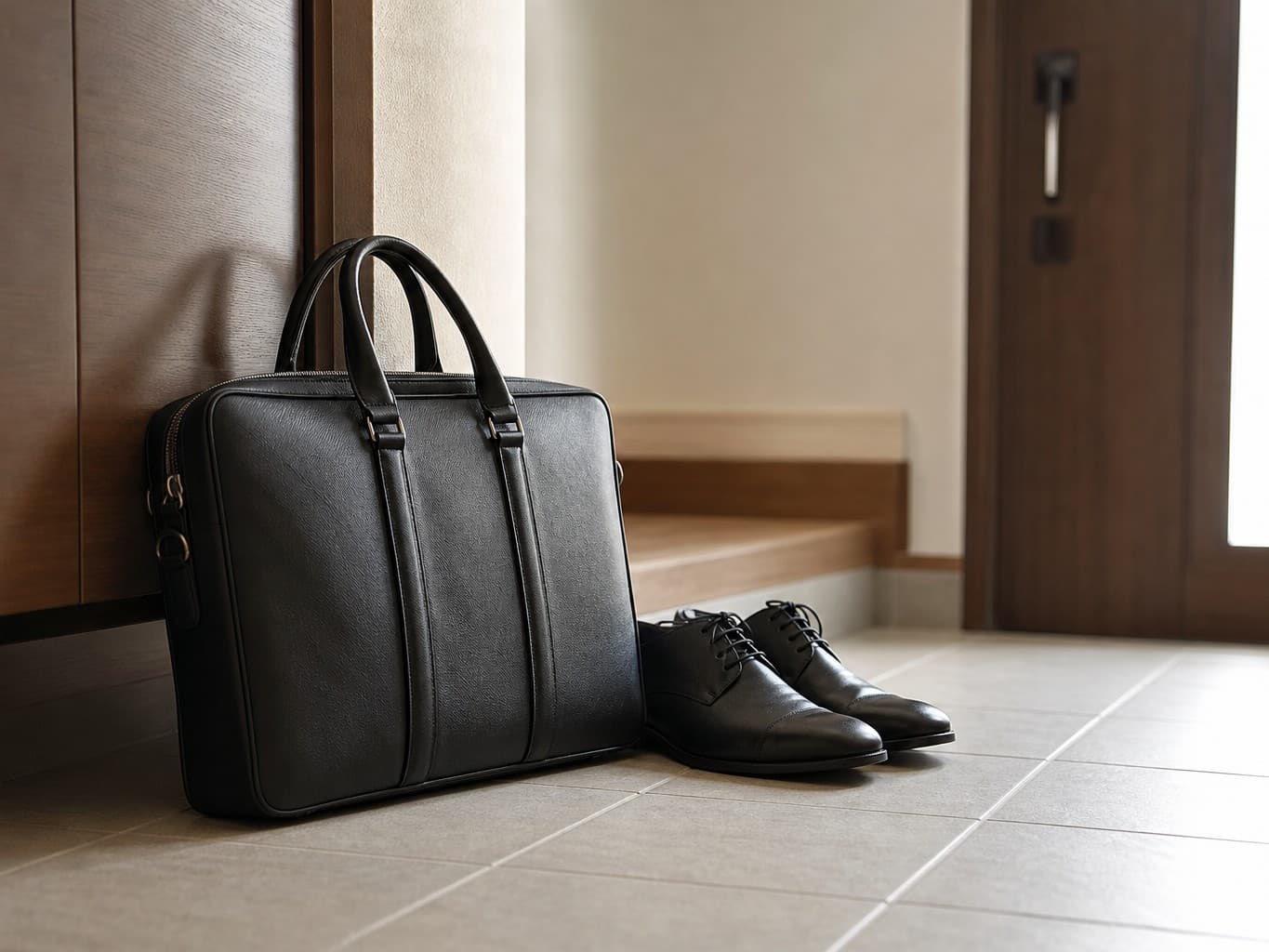 出勤前の玄関に置かれたビジネスバッグと革靴 - Business bag and polished leather shoes by the front door