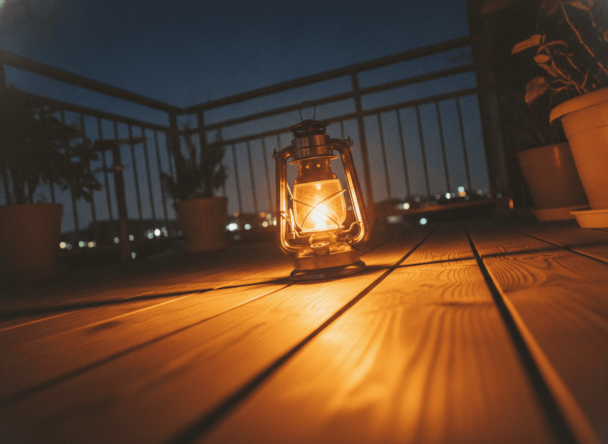 夜のウッドデッキを照らすランタンの温かな光 - Lantern Light Illuminating a Wooden Deck at Night