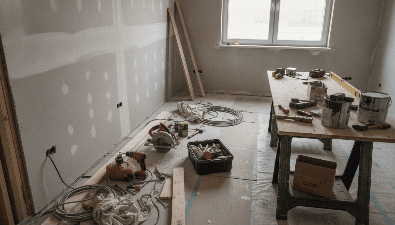リノベーション中の部屋の壁面と作業工具