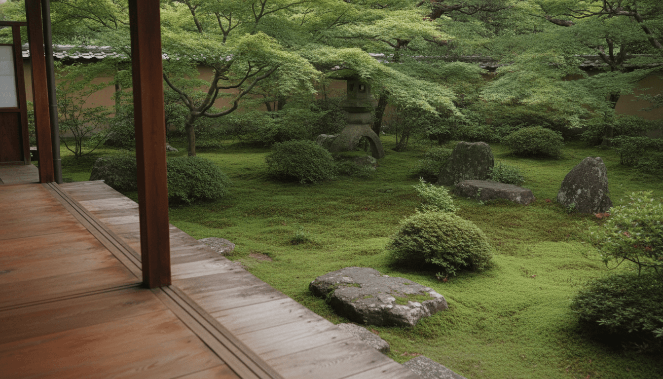 縁側から臨む緑豊かな日本庭園の風景