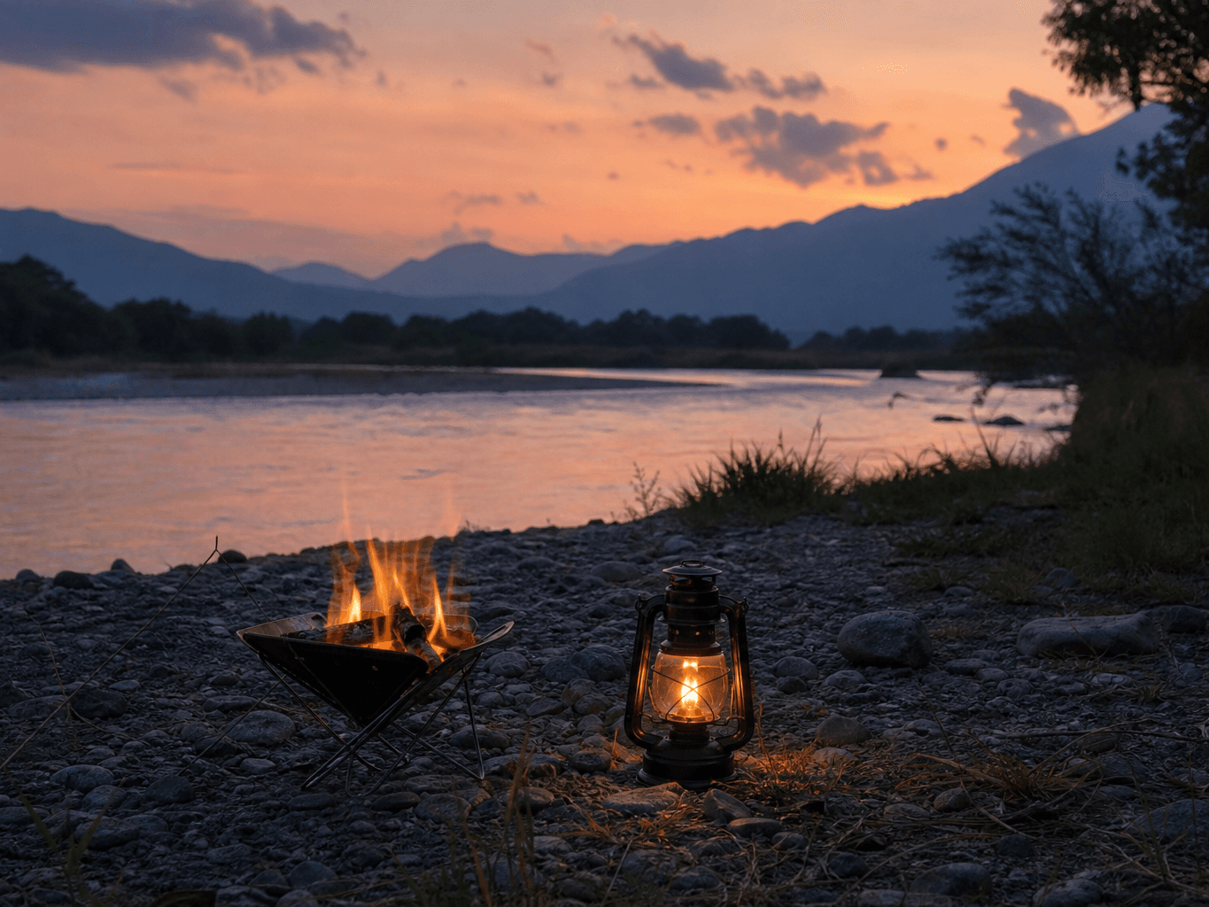 川辺の無人キャンプサイトのランタン - Lantern and fire pit at an empty riverside campsite