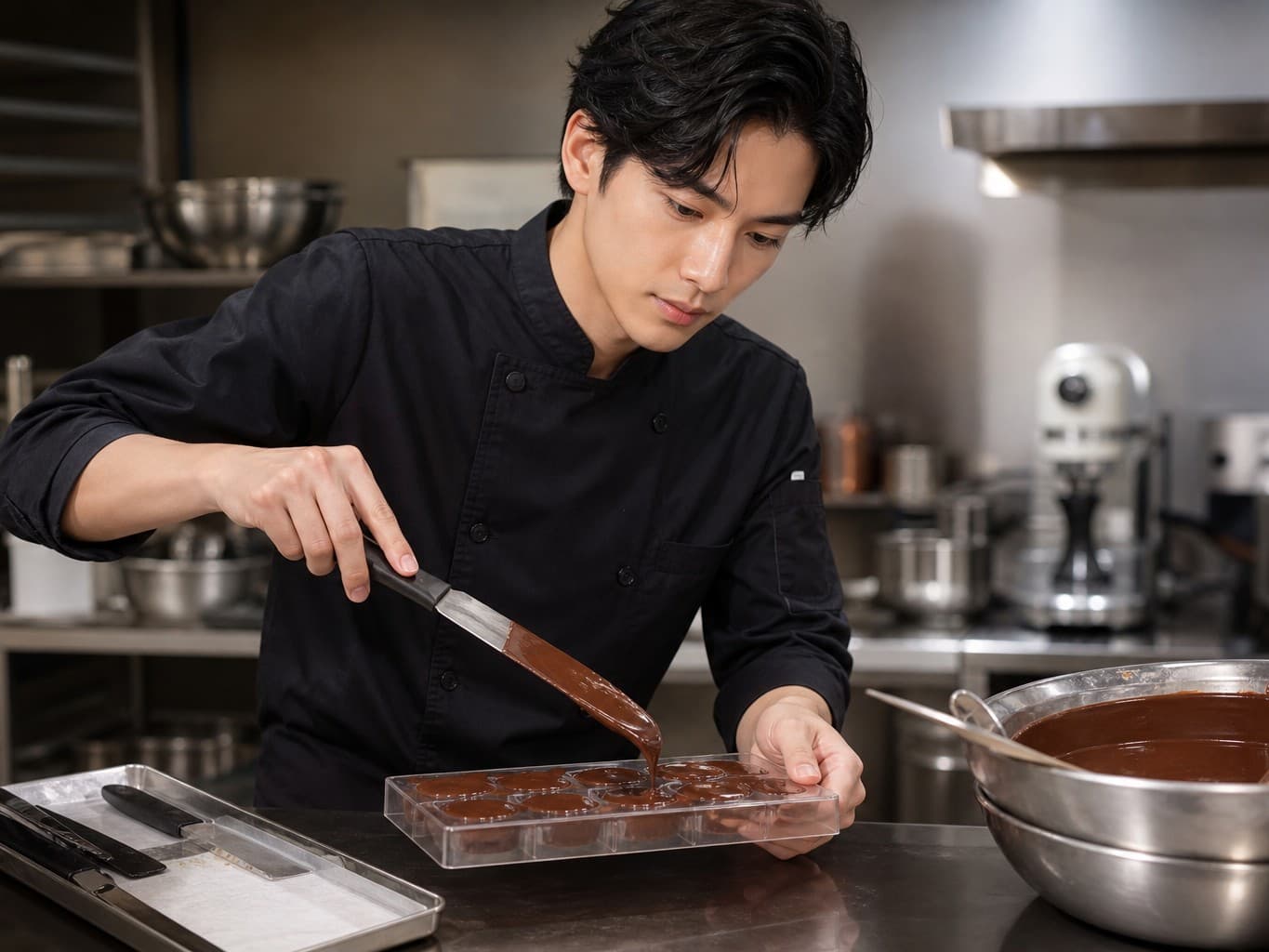 チョコレートを型に流すショコラティエ - Chocolatier pouring tempered chocolate into molds