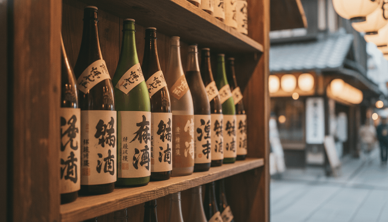伝統的な酒蔵の店頭に並ぶ日本酒の瓶