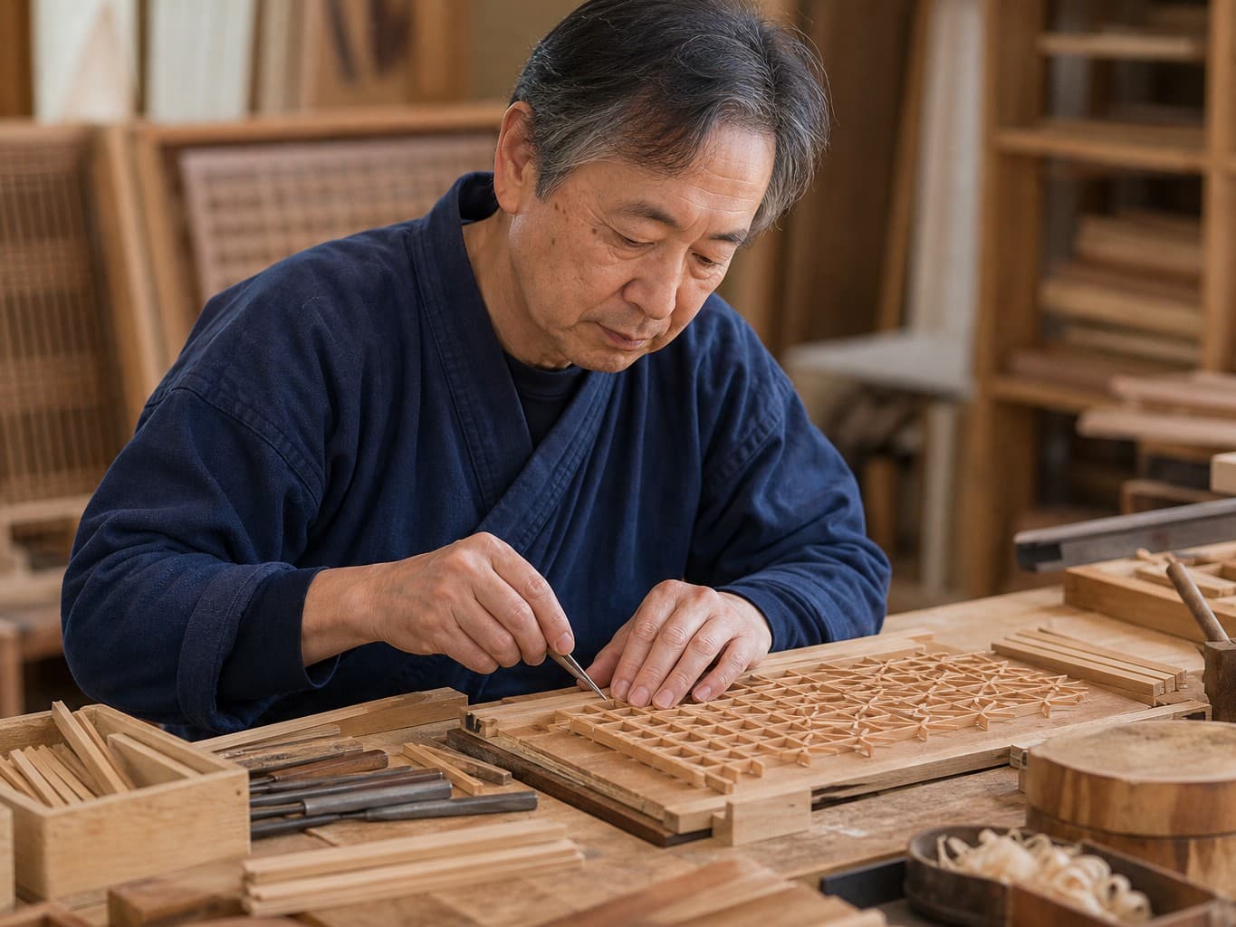 細い木を組み合わせる組子建具職人 - Kumiko joiner assembling thin wood pieces into a lattice