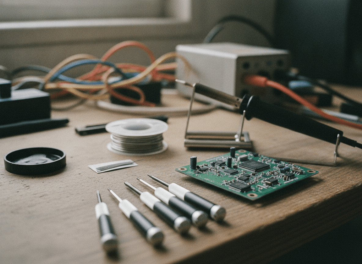 精密ドライバーと電子基板が置かれた作業台 - Soldering Workbench with Precision Tools and Circuit Board
