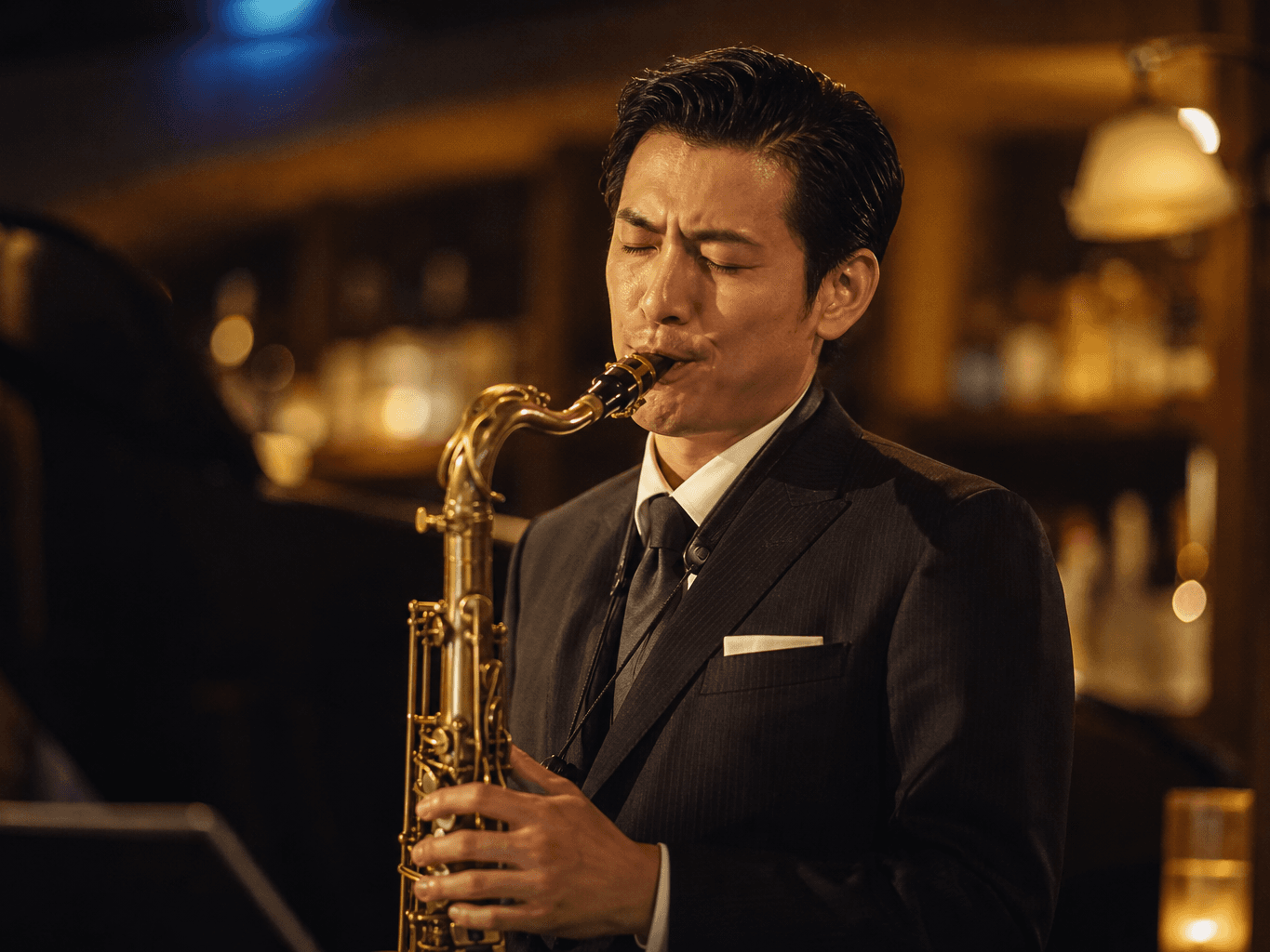 ジャズバーでサックスを演奏する男性 - Man Playing Saxophone at a Jazz Bar
