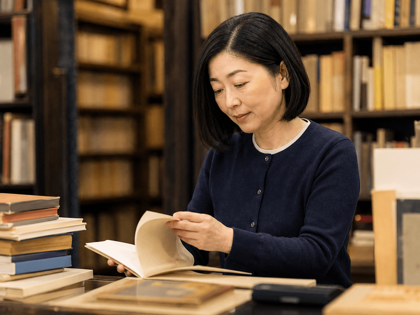 本を査定する古書店の店主 - Used Bookstore Owner Appraising a Book