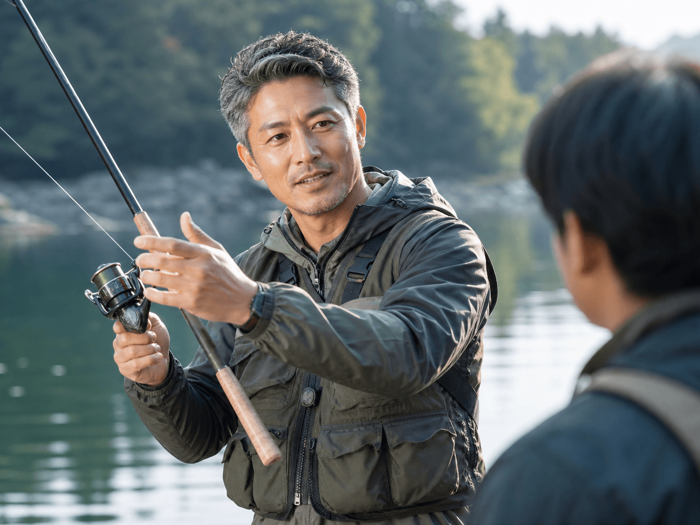 湖畔で釣りを教えるフィッシングガイド - Fishing Guide Teaching Casting Technique