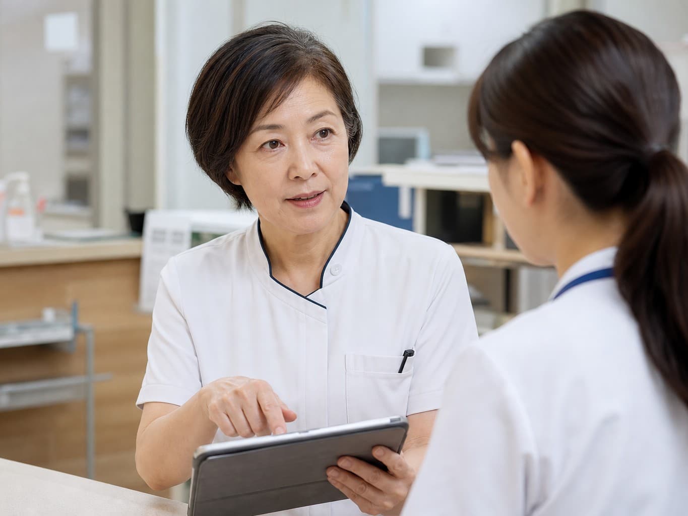 若い看護師に指導をする看護師長 - Head nurse coaching a young nurse on a ward