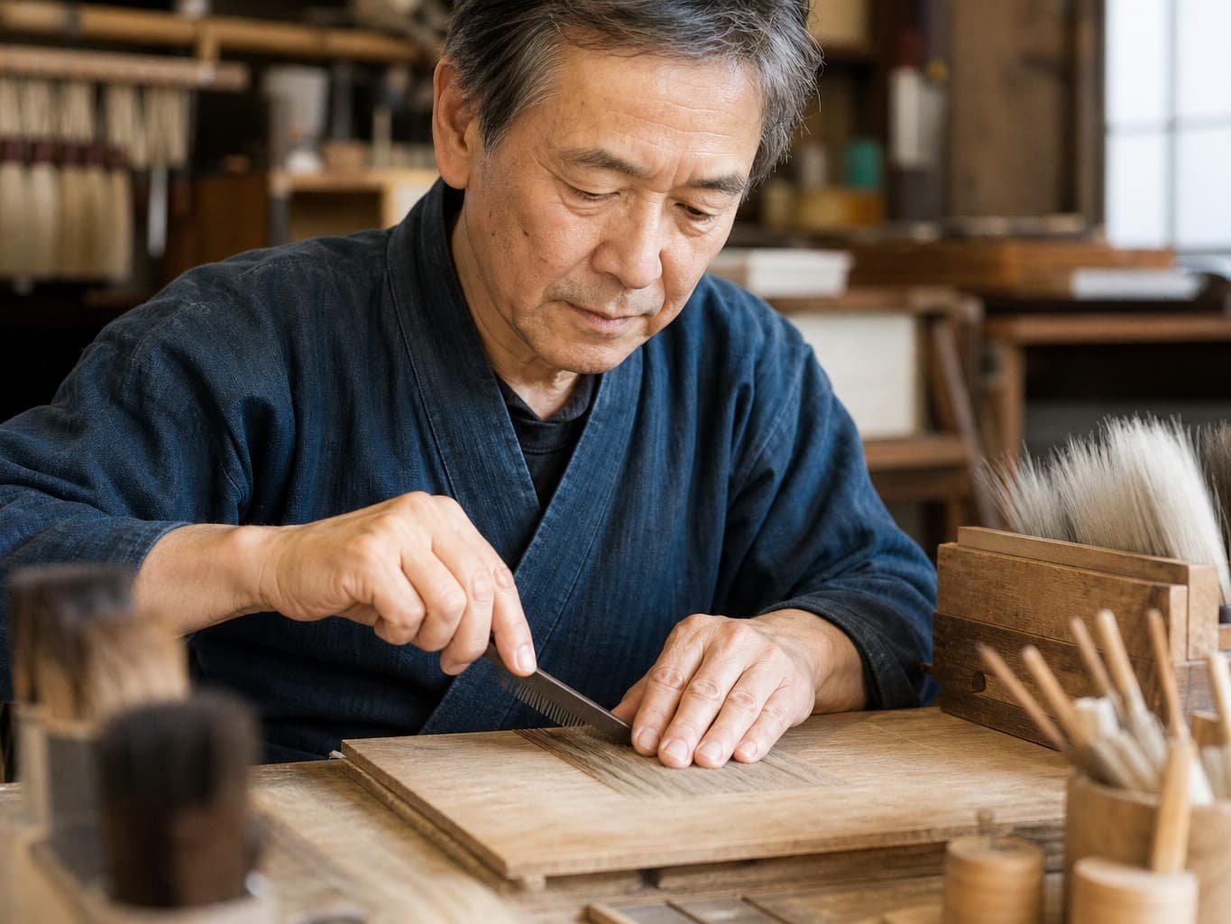 毛を整えて筆を作る筆職人 - Brush maker aligning hairs to craft a calligraphy brush