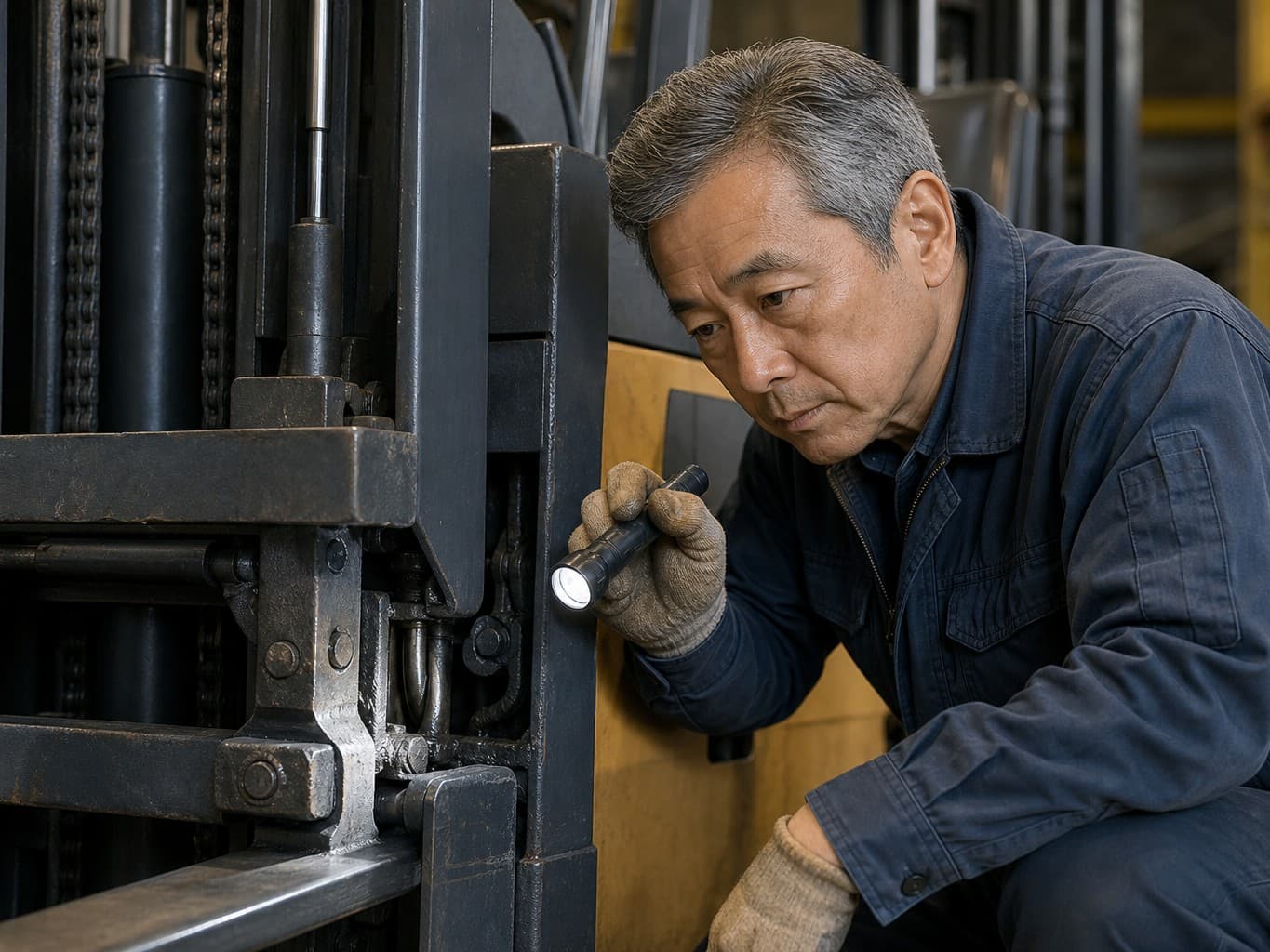 フォークリフトを点検する整備士 - Mechanic inspecting a forklift