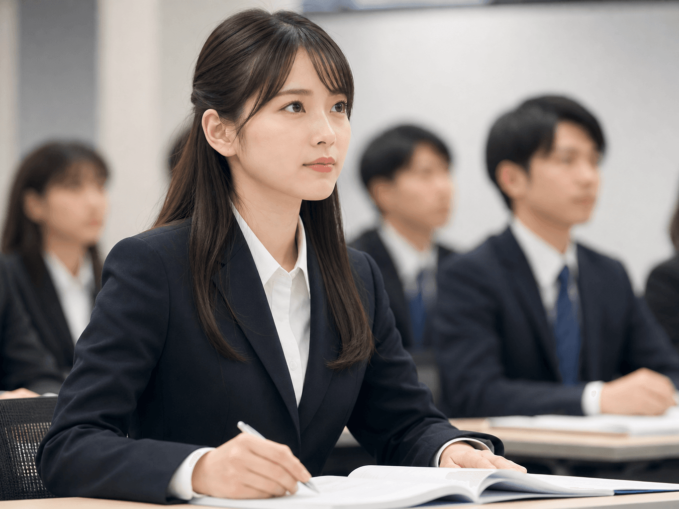 研修室で講義に集中する新入社員 - New Employee Attentively Listening in a Training Seminar