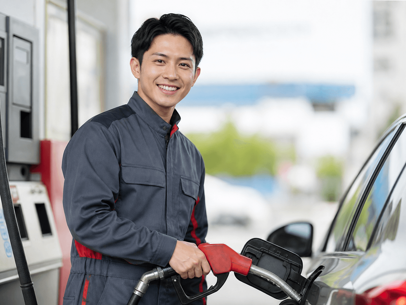 給油対応をするガソリンスタンドスタッフ - Gas Station Attendant Assisting a Customer